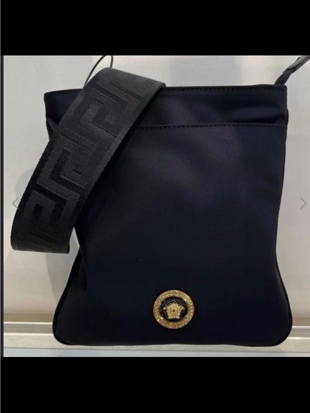 VERSACE Flat Crossbody Bag Fabric Calf Leather Black $850 Retail